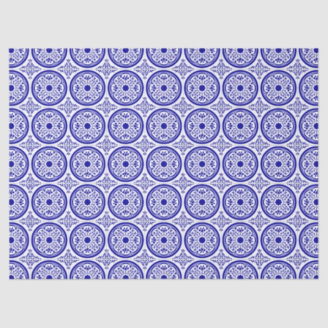 Papel De Seda Padrão de Azulejo Gótico Branco Azul (Frente )