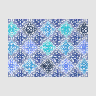 Papel De Seda Padrão de Azulejo marroquino pintado com azul