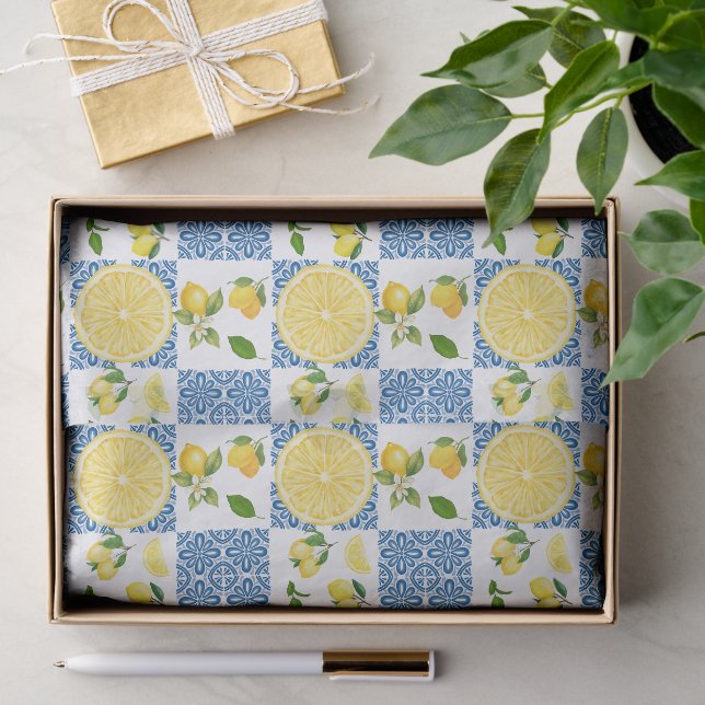 Papel De Seda Padrão de Azulejo País Francês Mediterrâneo Limão (Presente)