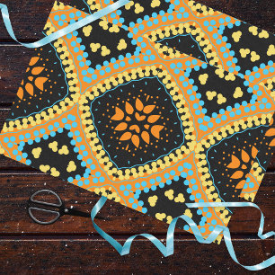 Papel De Seda Padrão de Boho Étnico Negro de Turquesa Laranja
