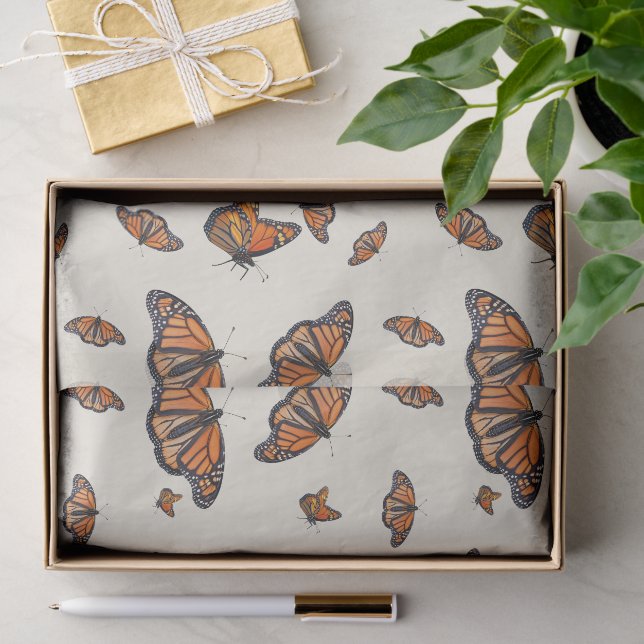 Papel De Seda Padrão de Borboletas Laranja Monarca (Presente)