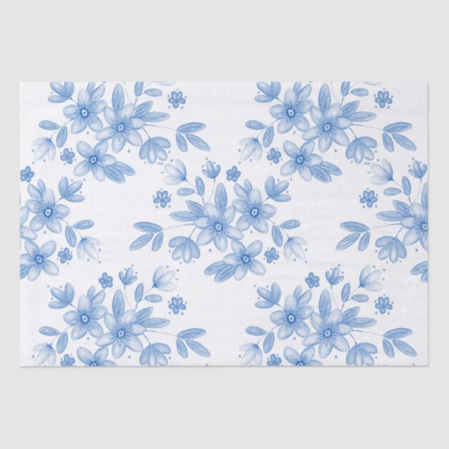 Papel De Seda Padrão de Buquê de Aquarela Azul (Frente )