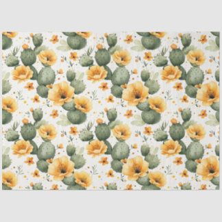 Papel De Seda Padrão de Cacto com Decoupage de Flores Amarelas