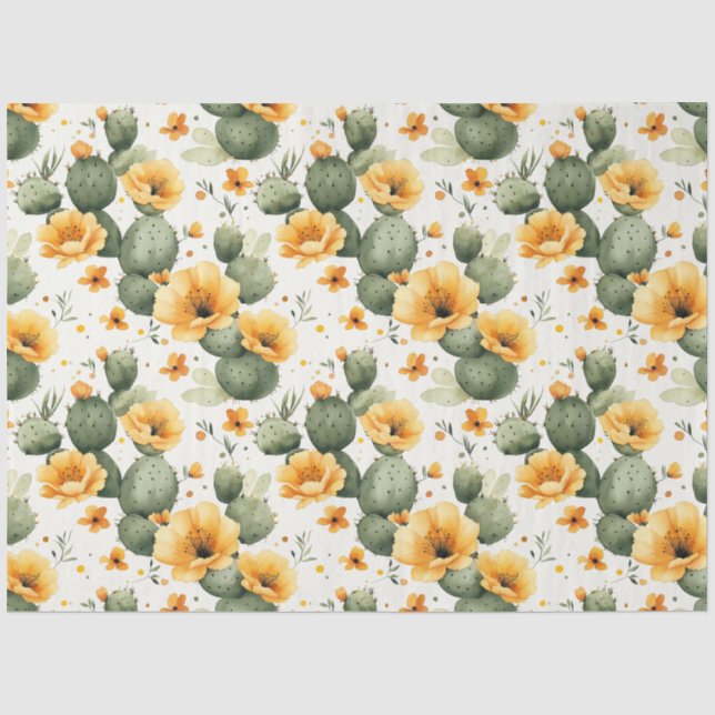 Papel De Seda Padrão de Cacto com Decoupage de Flores Amarelas (Frente )