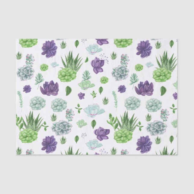 Papel De Seda Padrão de Cactos Verde e Roxo (Frente )