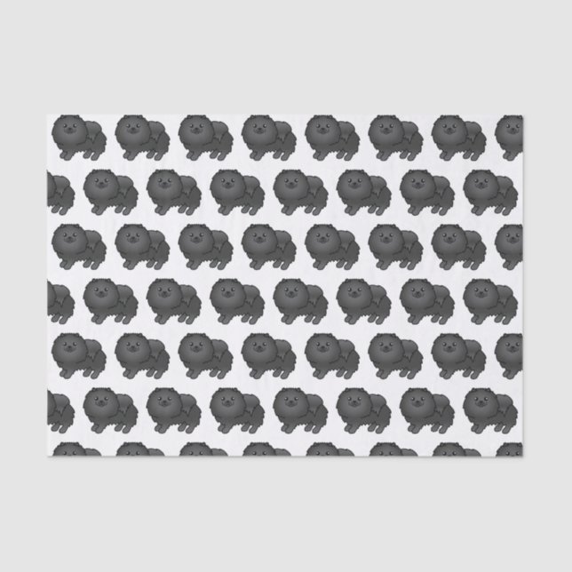 Papel De Seda Padrão de Cão de Cartoon Pomerano-Negro (Frente )