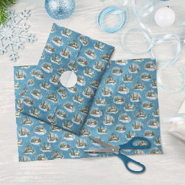 Papel De Seda Padrão de Cena de Neve de Natal em Aquarela