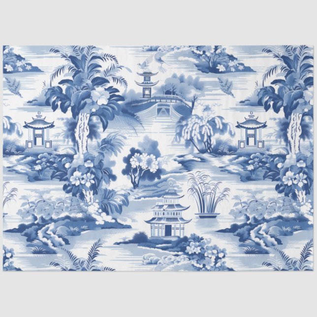 Papel De Seda Padrão de Chinoiserie Azul e Branco (Frente )