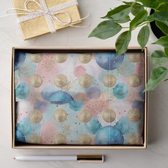 Papel De Seda Padrão de Círculo Dourado e Azul com Acentos de Gl (Presente)