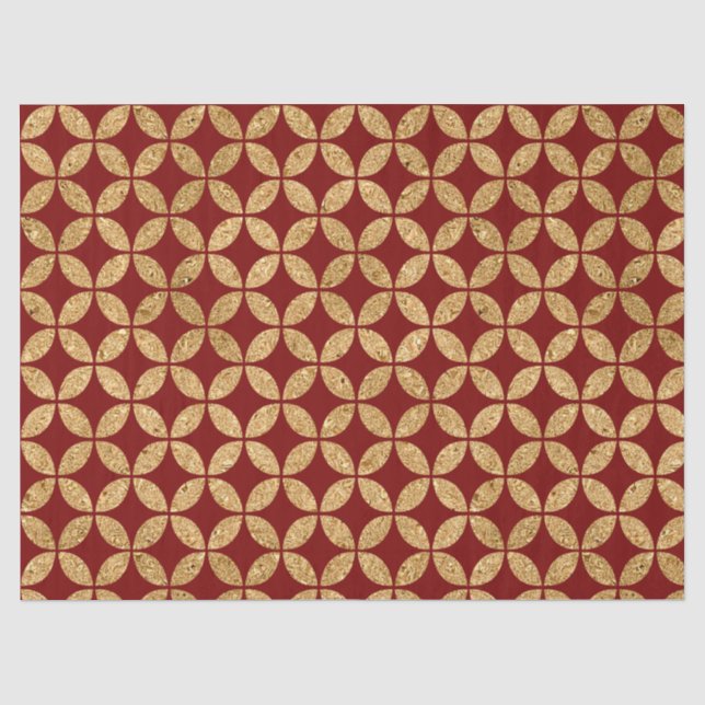 Papel De Seda Padrão de Círculo Geométrico Dourado em Vermelho (Frente )