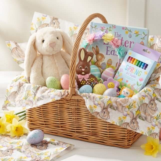 Papel De Seda Padrão de Coelho de Páscoa  (Line your Easter baskets with Rabbit and daffodil pattern tissue paper. )