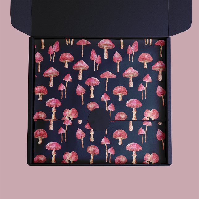 Papel De Seda Padrão de Cogumelo Rosa (Pink mushroom pattern tissue paper on dark navy blue background)