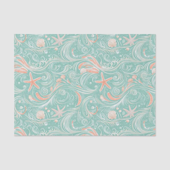 Papel De Seda Padrão de Conchas e Ondas do Oceano (4) (Frente )