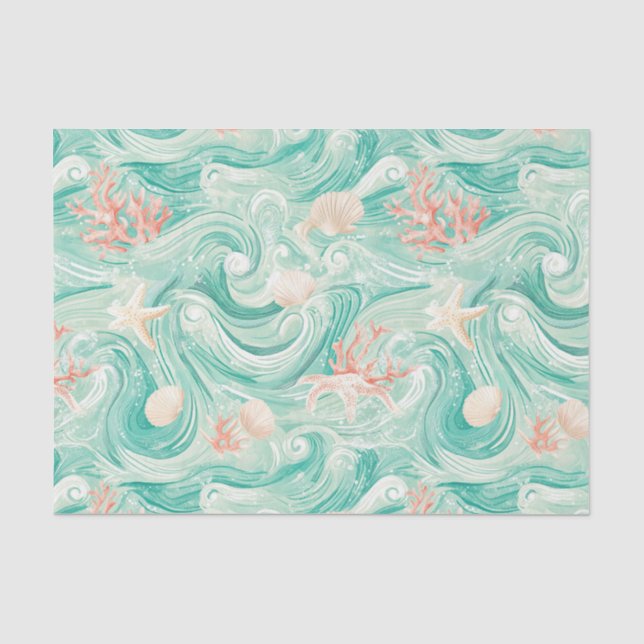 Papel De Seda Padrão de Conchas e Ondas do Oceano (8) (Frente )