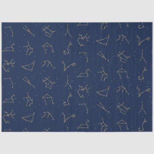 Papel De Seda Padrão de Constelações Zodiac Azul Dourado e Marin