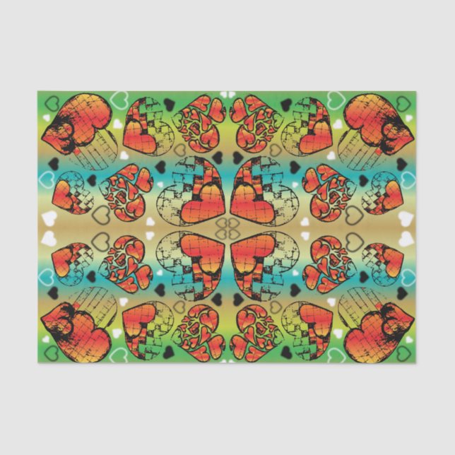 Papel De Seda Padrão de Corações Românticos Vermelhos e Verdes (Frente )