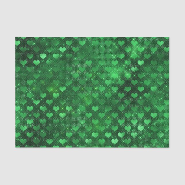 Papel De Seda Padrão de Corações Verde Esmeralda Glam (Frente )
