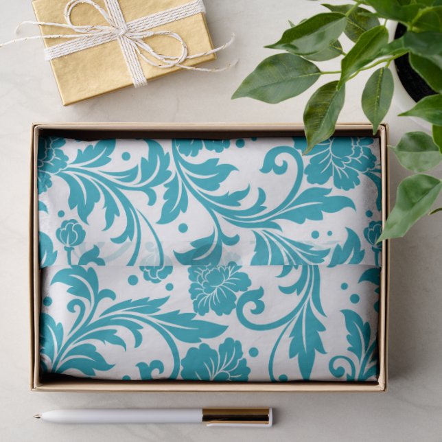 Papel De Seda Padrão de damasco floral turquesa e branco (Presente)