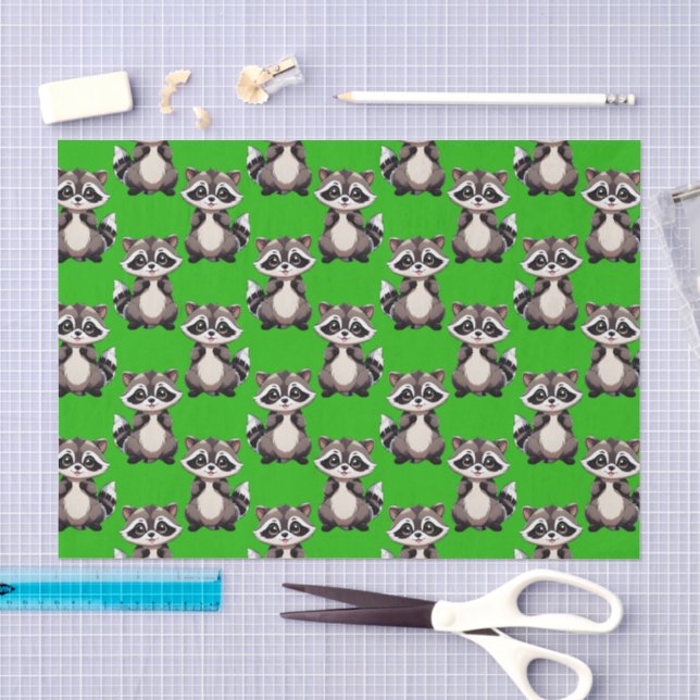 Papel De Seda Padrão de Design de Guaxinim Verde  (Arte )