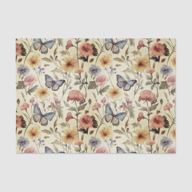 Papel De Seda Padrão de dissociação de borboletas e flores (Frente )