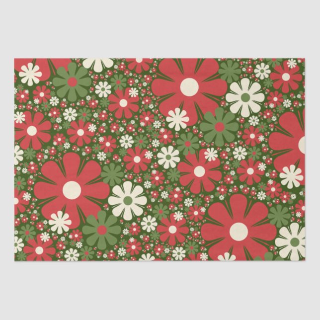 Papel De Seda Padrão de fantasia floral vermelho verde (Frente )