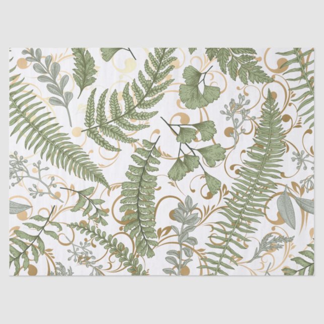 Papel De Seda Padrão de Fern Verde e Dourado (Frente )
