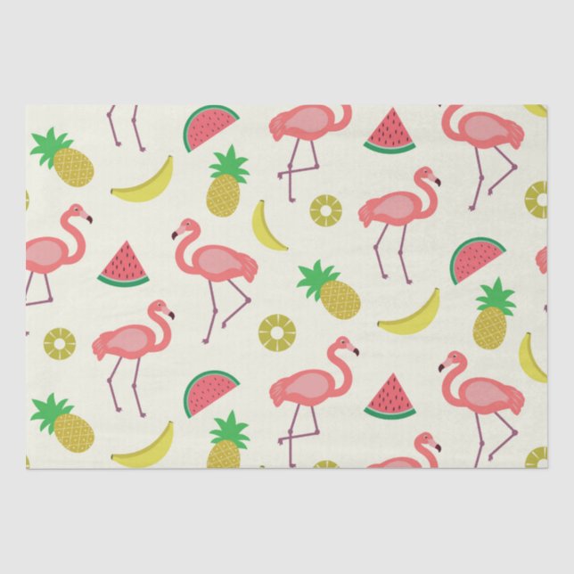 Papel De Seda Padrão de Flamingo com Melancia e Abacaxis  (Frente )