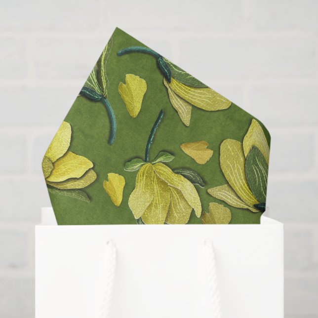 Papel De Seda Padrão de Flor Amarelo Verde-Oliva (Sacola de presentes)