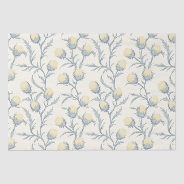 Papel De Seda Padrão de Flor Floral com Thistle Azul-Limão (Frente )