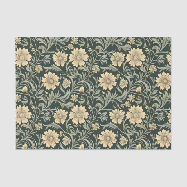 Papel De Seda Padrão de flores amarelas estilizadas em verde esc (Frente )