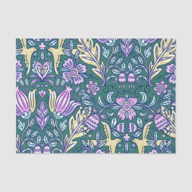 Papel De Seda Padrão de Flores e Pássaros em Estilo Antigo (Frente )