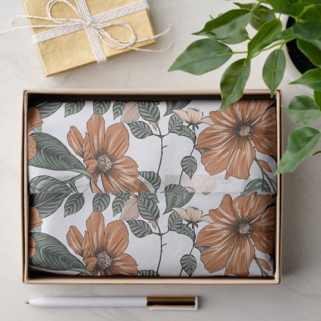 Papel De Seda Padrão de flores marrons e folhas verdes (Presente)