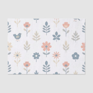 Papel De Seda Padrão de Flores Pássaros Folk Escandinavo