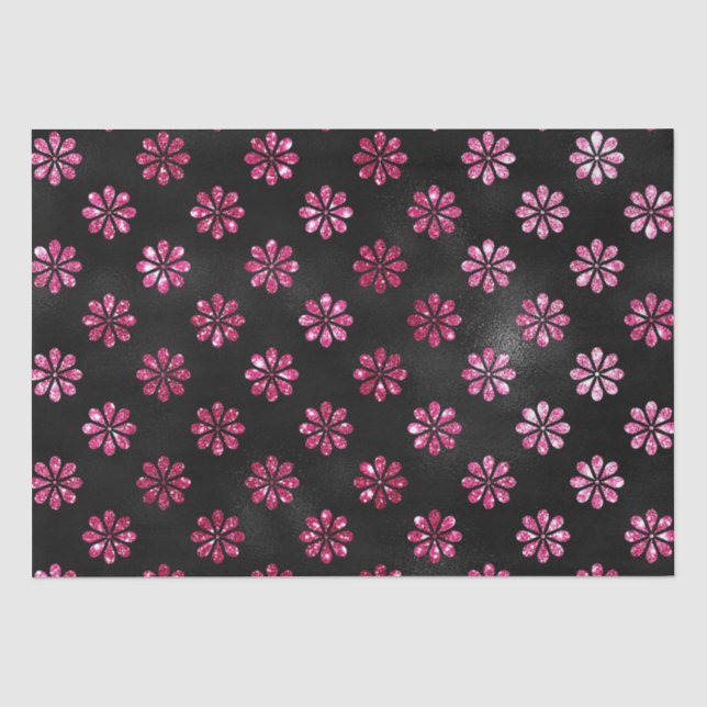 Papel De Seda Padrão de Flores Pretas e Brilho Rosa Quente Elega (Frente )