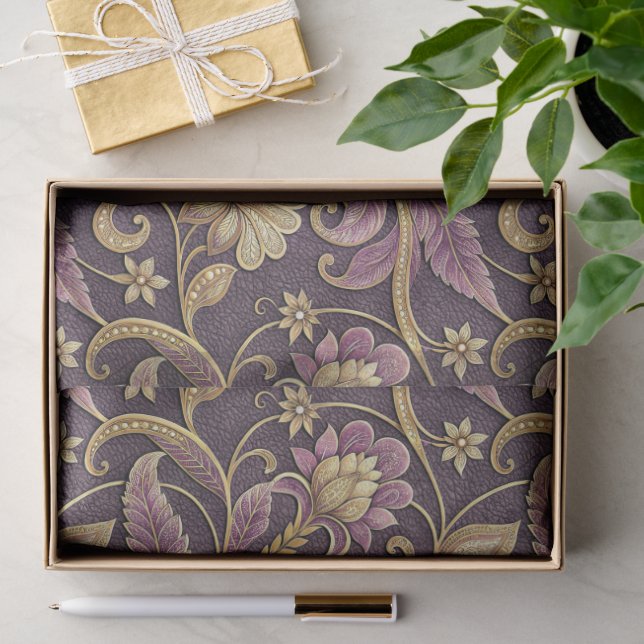 Papel De Seda Padrão de Flores Relevo Roxo e Dourado (Presente)