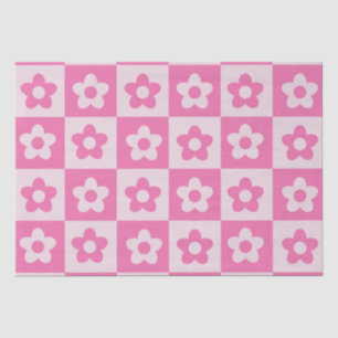 Papel De Seda Padrão de Flores Retro Brancas e Rosa Quente Verif