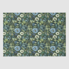 Papel De Seda Padrão de flores selvagens vitorianas azuis e verd