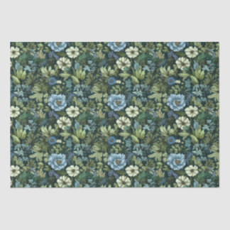 Papel De Seda Padrão de flores selvagens vitorianas azuis e verd