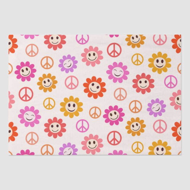 Papel De Seda Padrão de flores sorridentes felizes com sinais de (Frente )
