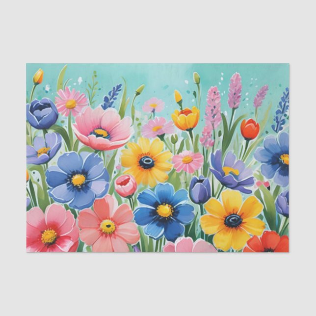 Papel De Seda Padrão de Flores Vibrantes de Primavera em Aquarel (Frente )