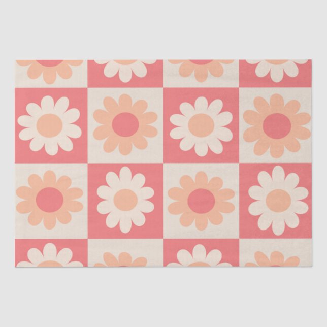 Papel De Seda Padrão de Flores Xadrez Peach Fuzz Retro (Frente )