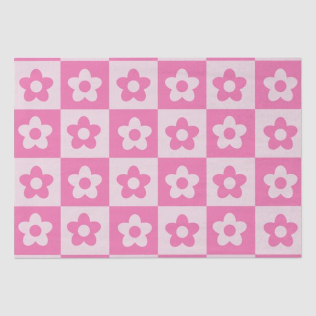 Papel De Seda Padrão de Flores Xadrez Rosa e Branco Retro (Frente )