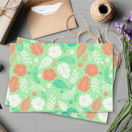 Papel De Seda Padrão de Folhagem Tropical Verde e Laranja