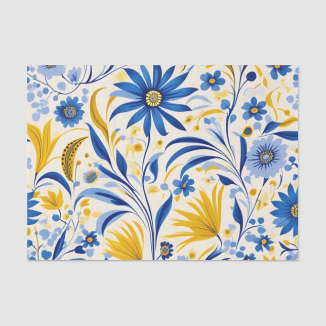 Papel De Seda Padrão de Folhas Azuis e Amarelas de Cornflower (Frente )