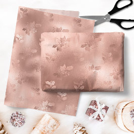 Papel De Seda Padrão de Folhas de Azevinho em Dourado Rosa de Na