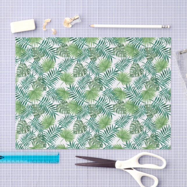 Papel De Seda Padrão de Folhas Tropicais Verde (Arte )