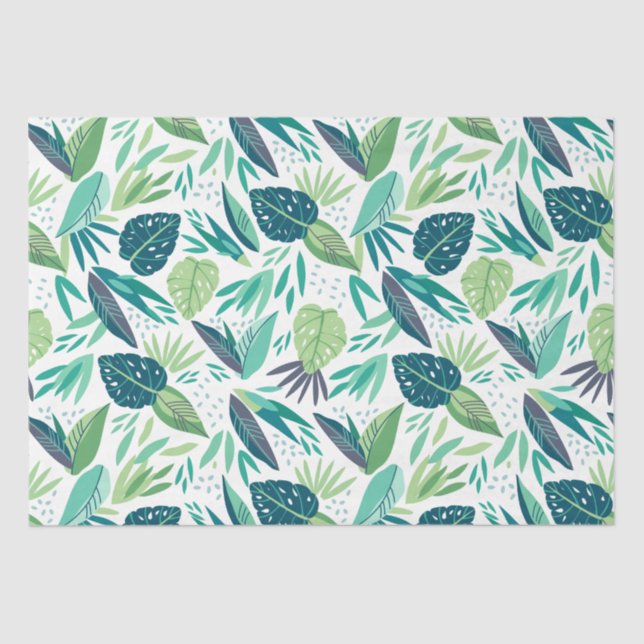 Papel De Seda Padrão De Folhetos Verdes Tropicais Sobre Branco (Frente )