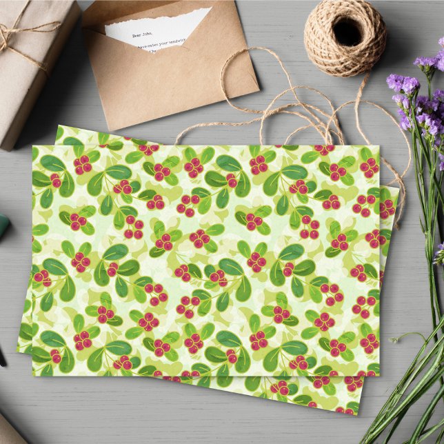 Papel De Seda Padrão de Fruta de amora festiva, verde (Festive Cranberry Pattern Tissue Paper)