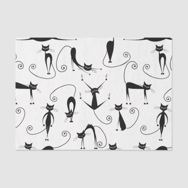 Papel De Seda Padrão de Gato Preto Esbranquiçado Whimsical (Frente )