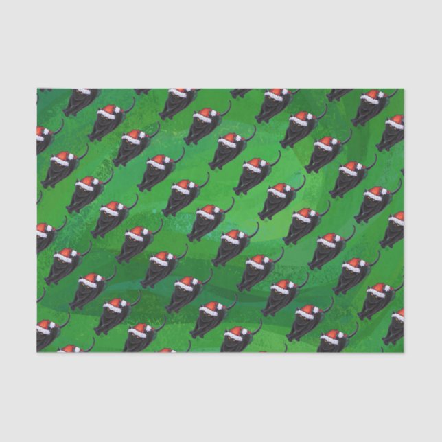 Papel De Seda Padrão de Gato Preto Festivo em Verde (Frente )